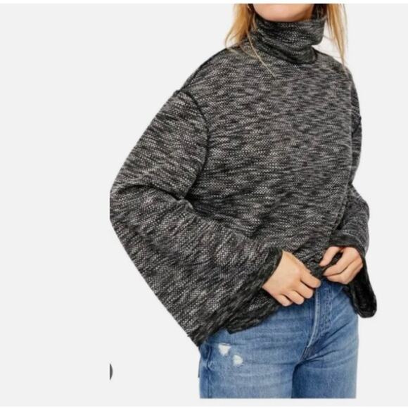 We the free sm black and white knit cowl neck flare sleeves side slits pullover - Picture 1 of 12